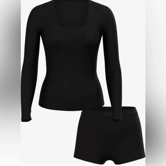 NWT VICTORIA'S SECRET Black Ribbed Modal 2PC L/S Scoop Neck Short Set SZ: XL - Picture 3 of 5